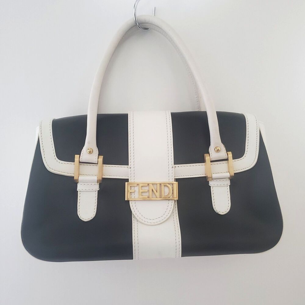 VTG Fendi Shoulder Bag Vintage 2000s Black White Leather Gold Logo Shadow Flap